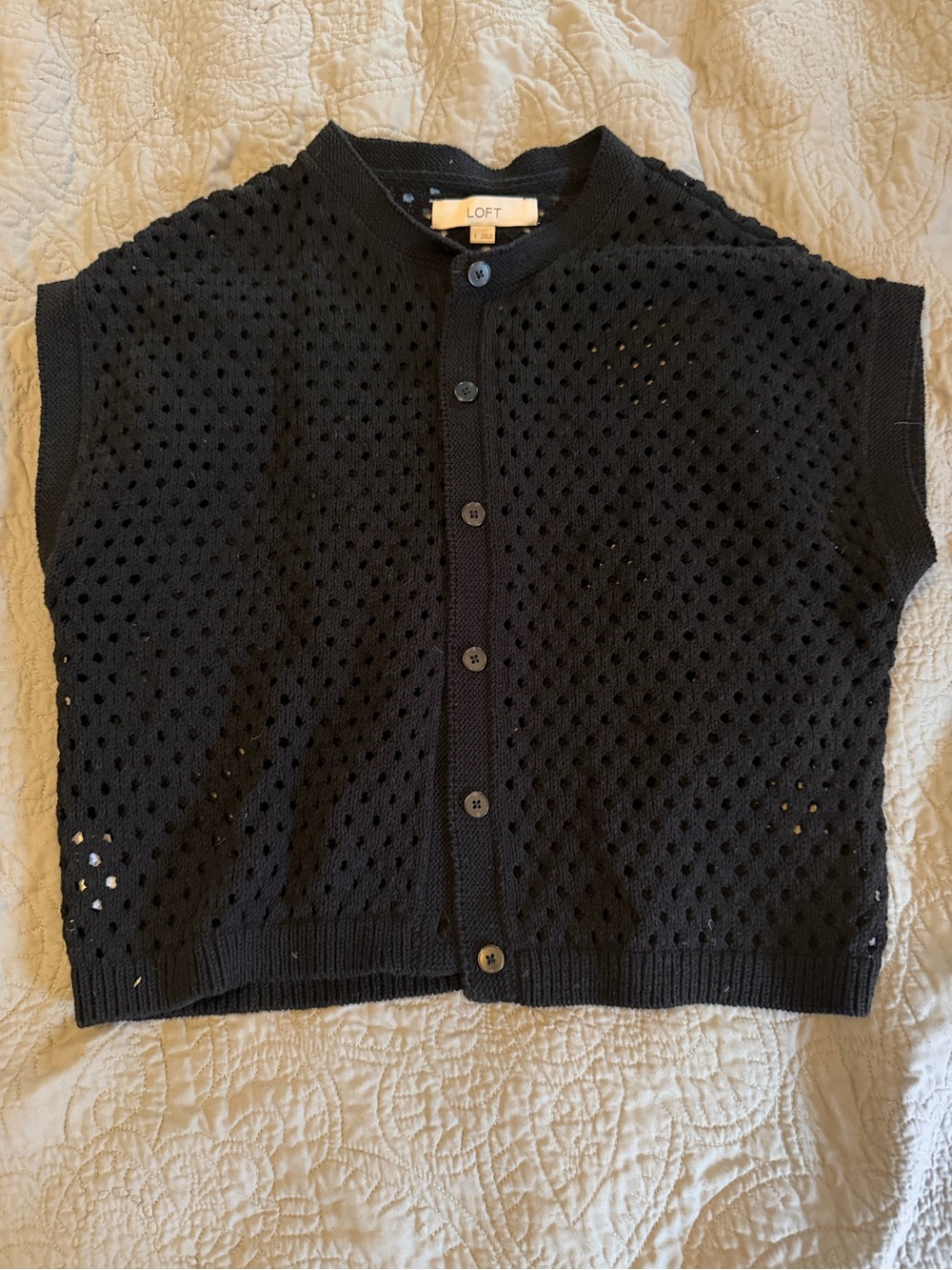 LOFT Black Open-Knit Button-Front Sweater